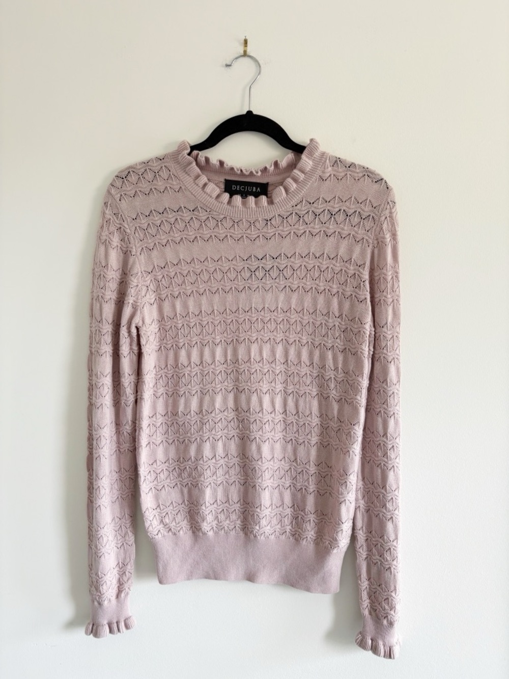 NWT DECJUBA Nia Lace Pullover Soft Blush Openwork Knit Crew Sweater Sz Small